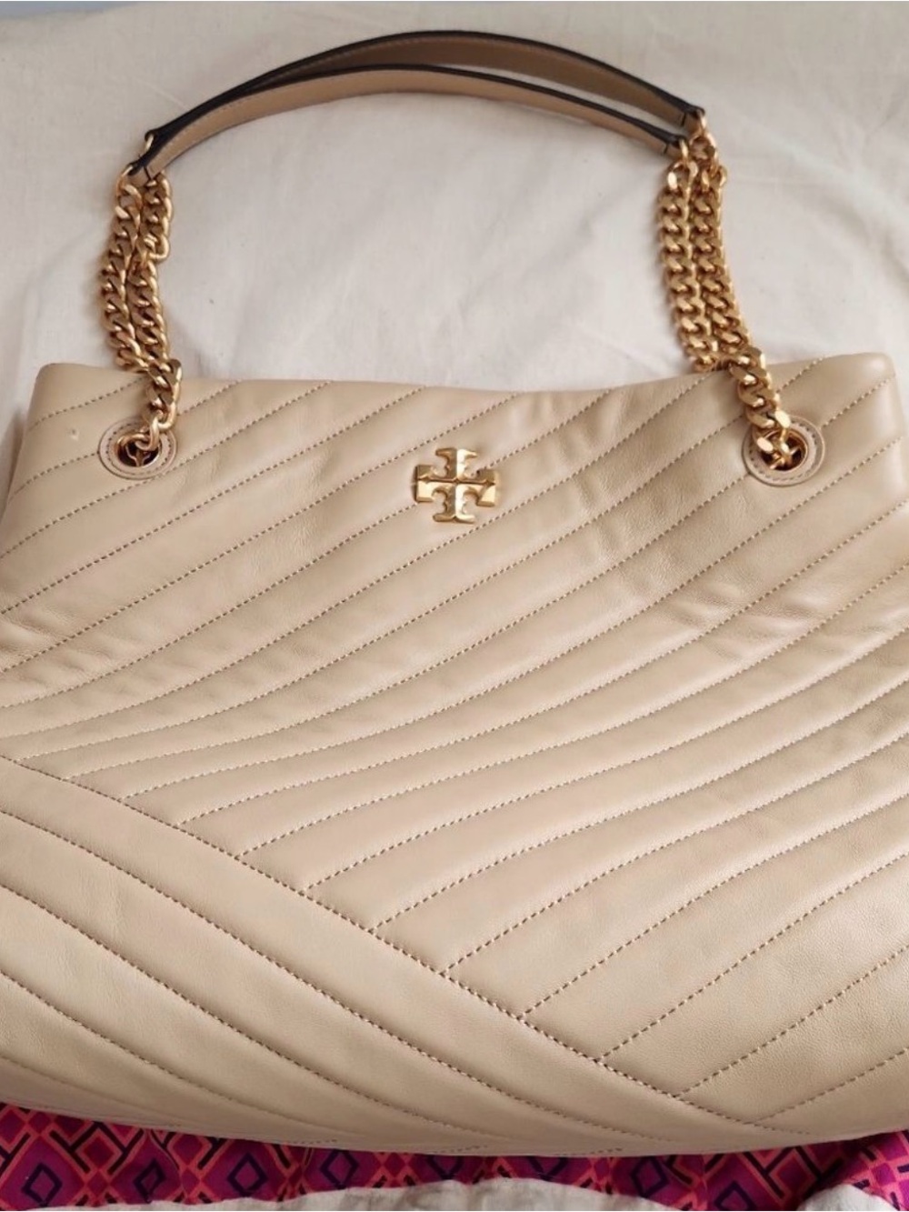 Tory Burch Kira Quilted Chevron Leather Tote in Desert Dune with Gold Hardware
